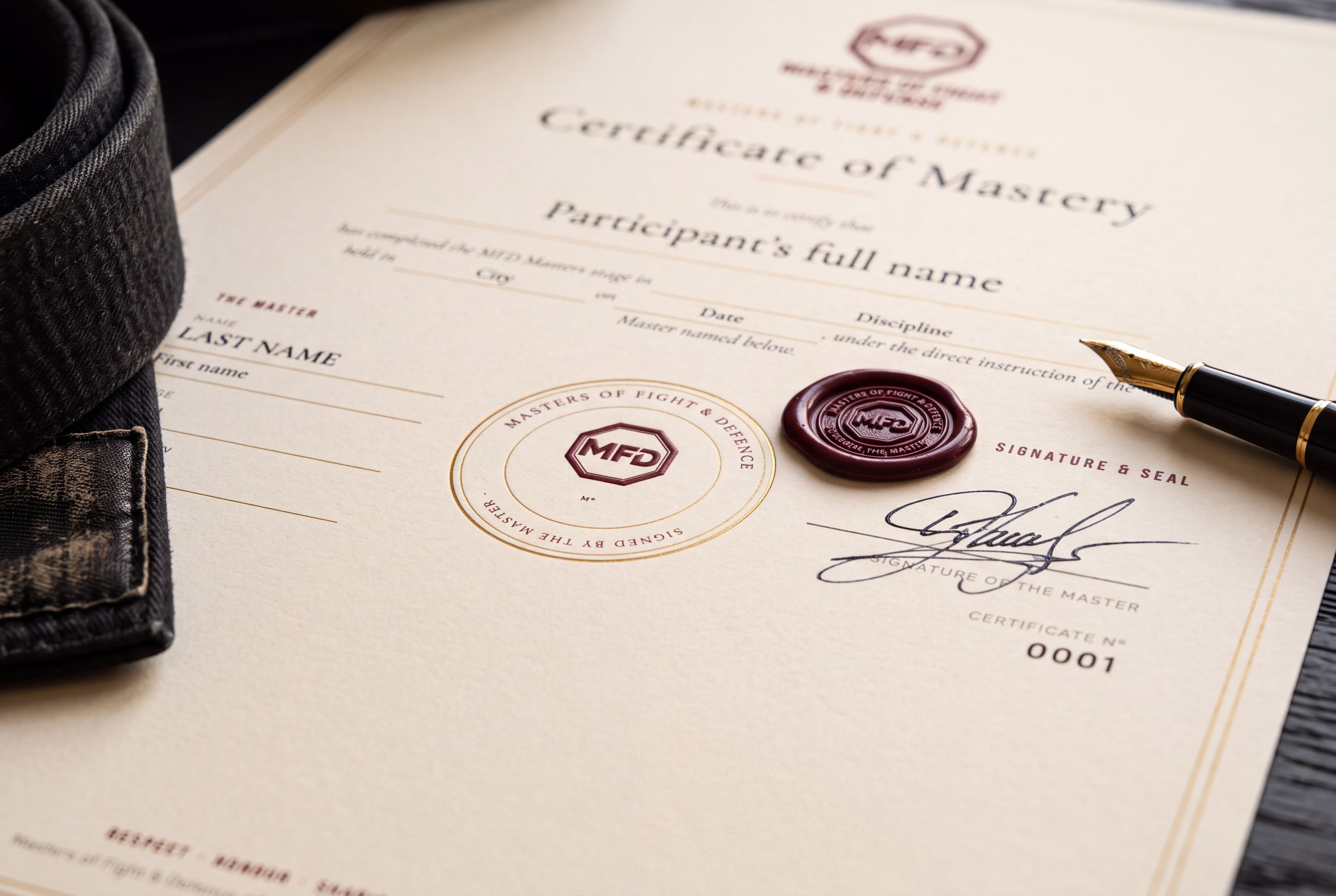 Detail of an MFD certificate: burgundy wax seal, gold foil and an ink signature