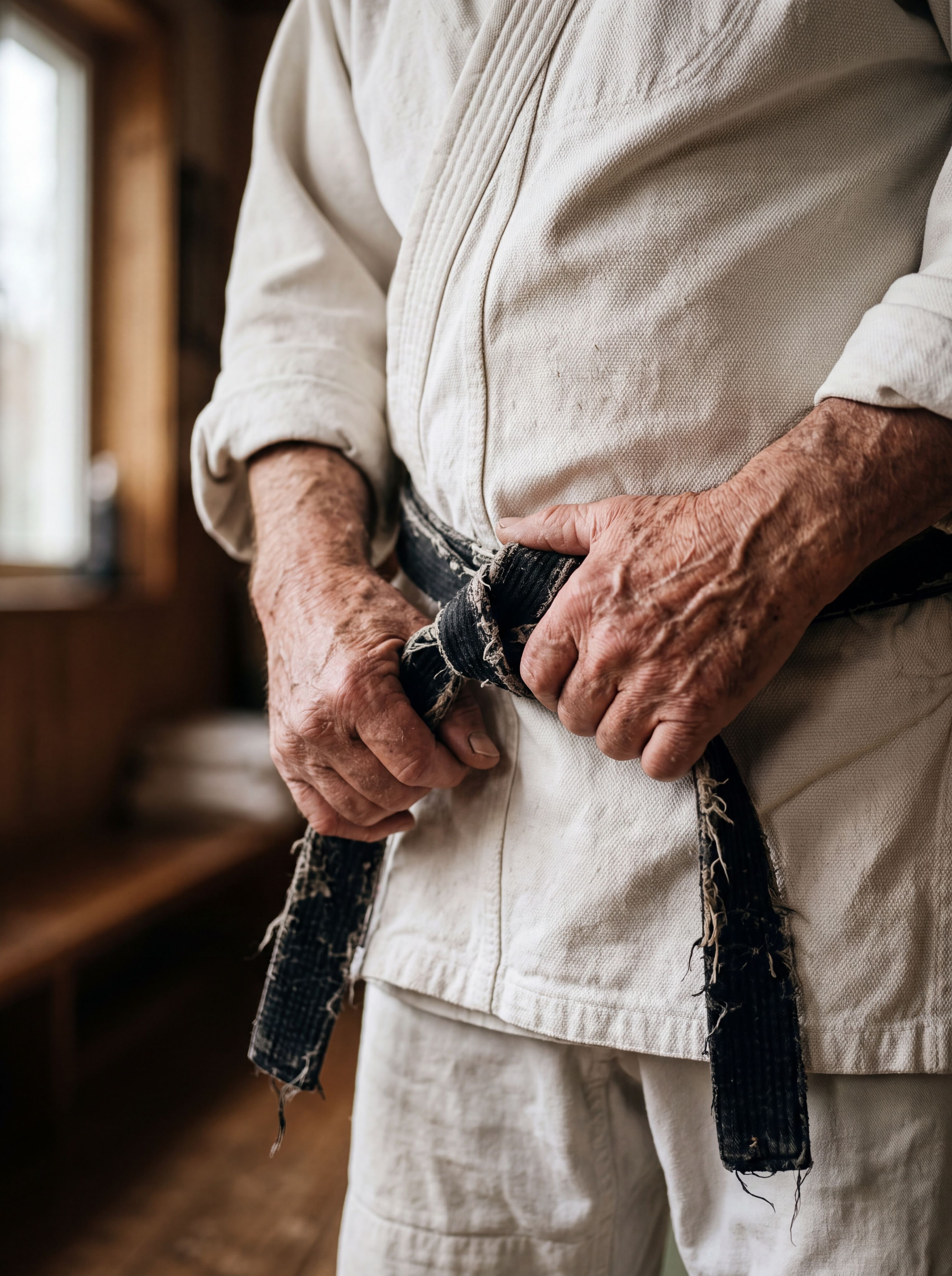 An elderly practitioner's hands tie a worn black belt