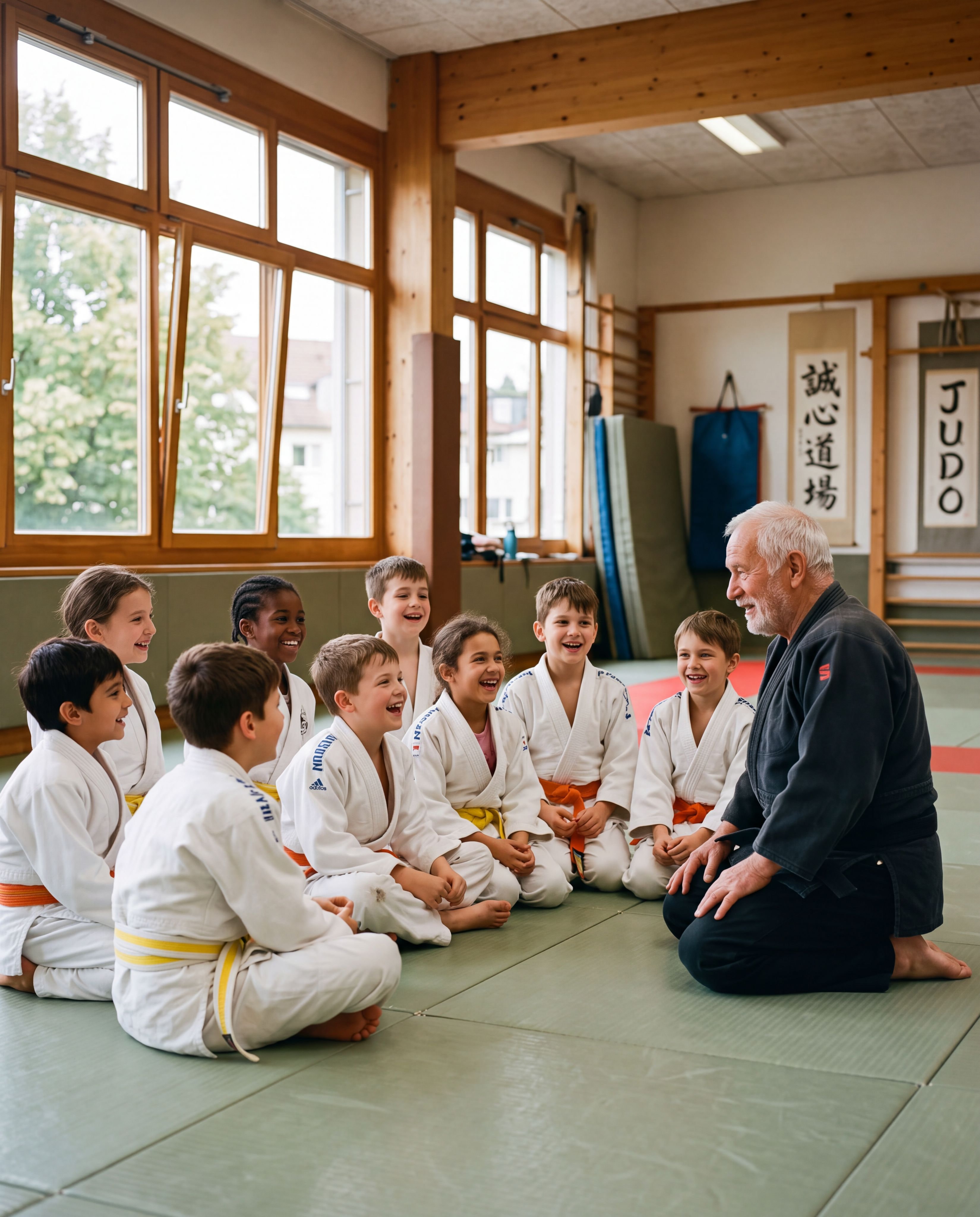 Children in gis laugh while sitting on a mat, listening to an elderly master