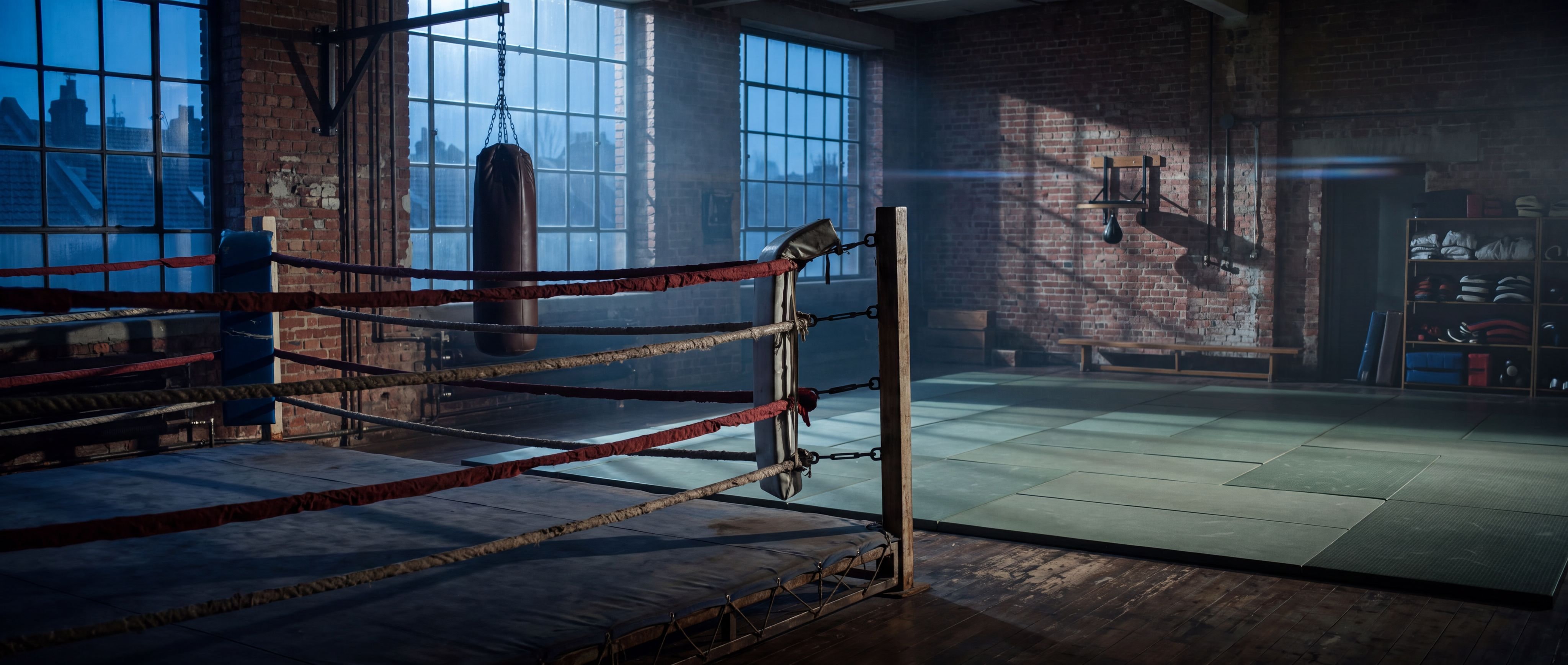 An empty dojo at dawn, blue light and long shadows