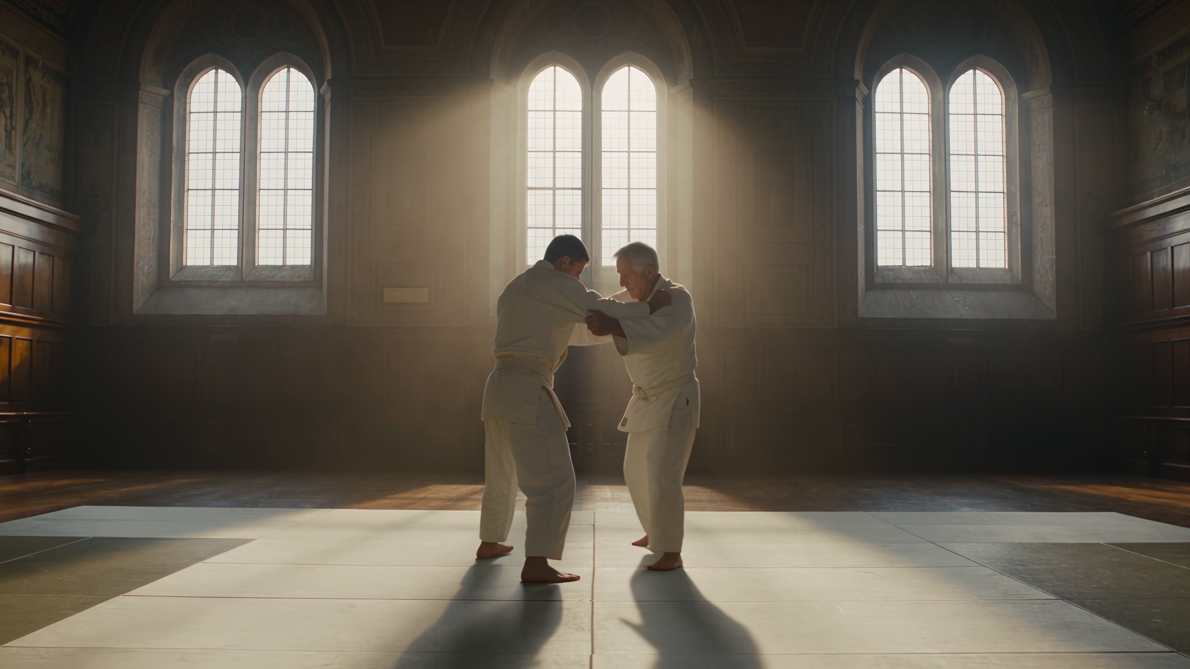 A judo master performs a slow-motion throw in a dojo bathed in golden light