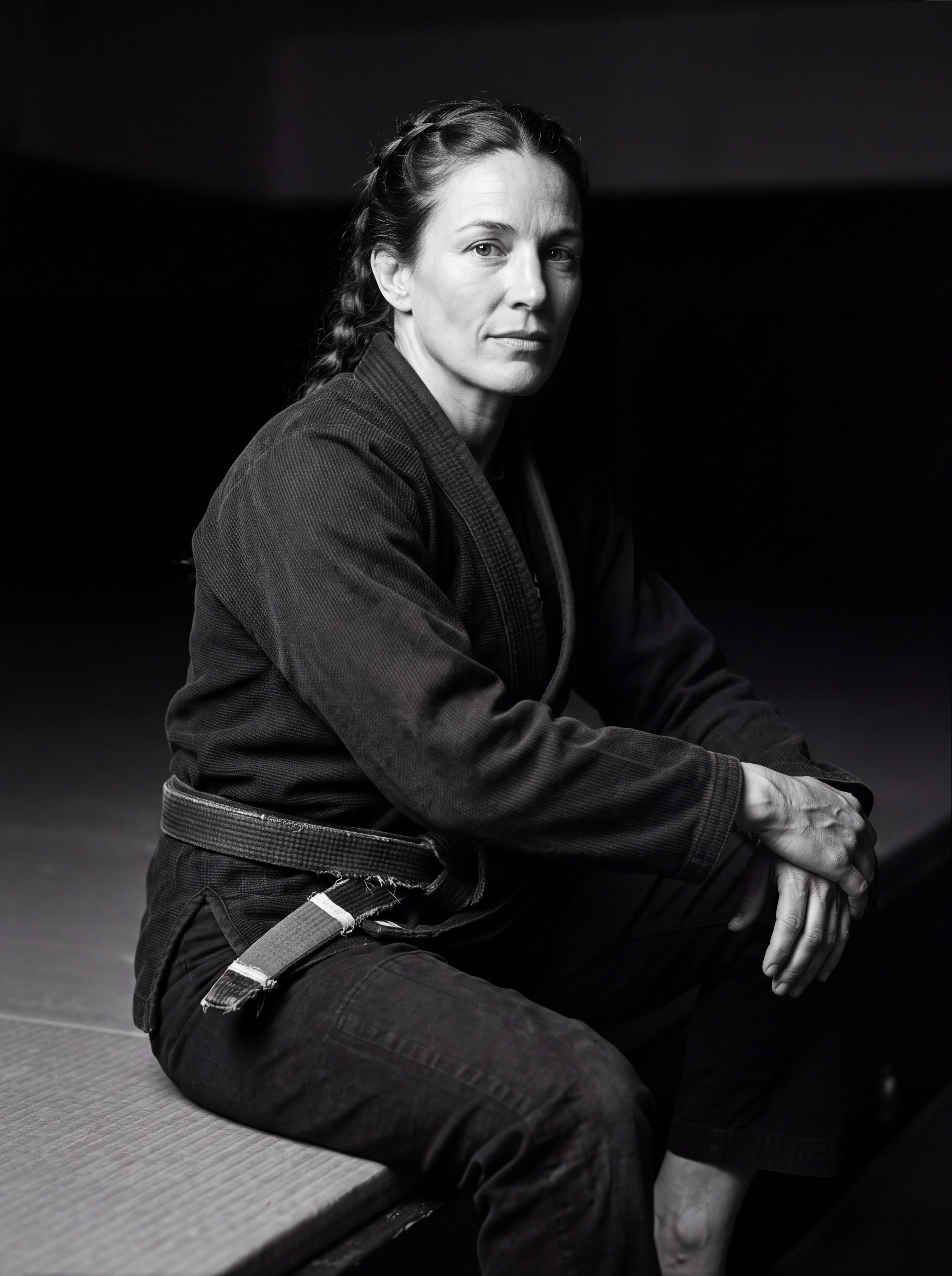 Black and white portrait of a Brazilian jiu-jitsu black belt