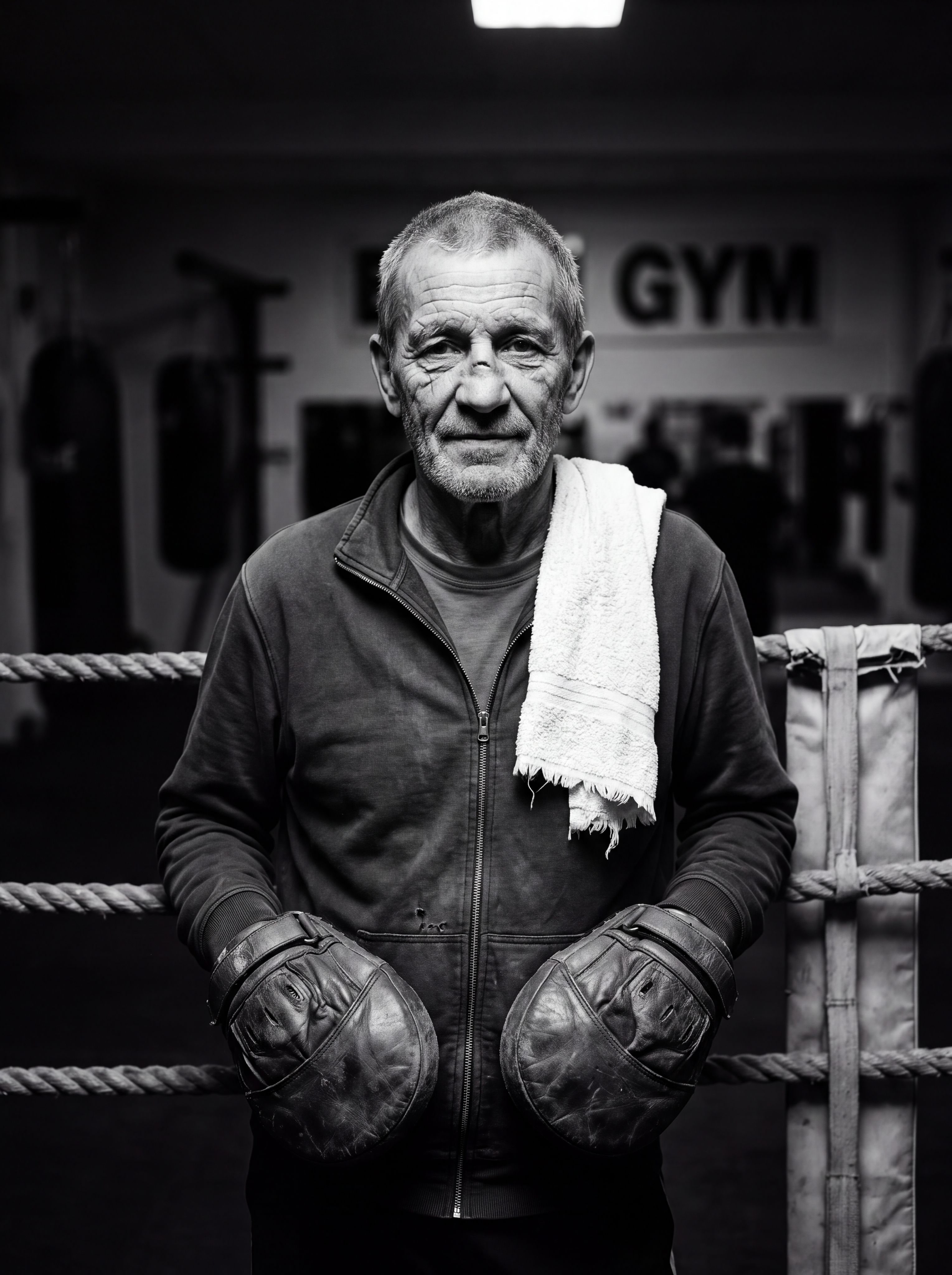 Black and white portrait of a veteran boxing coach in a ring