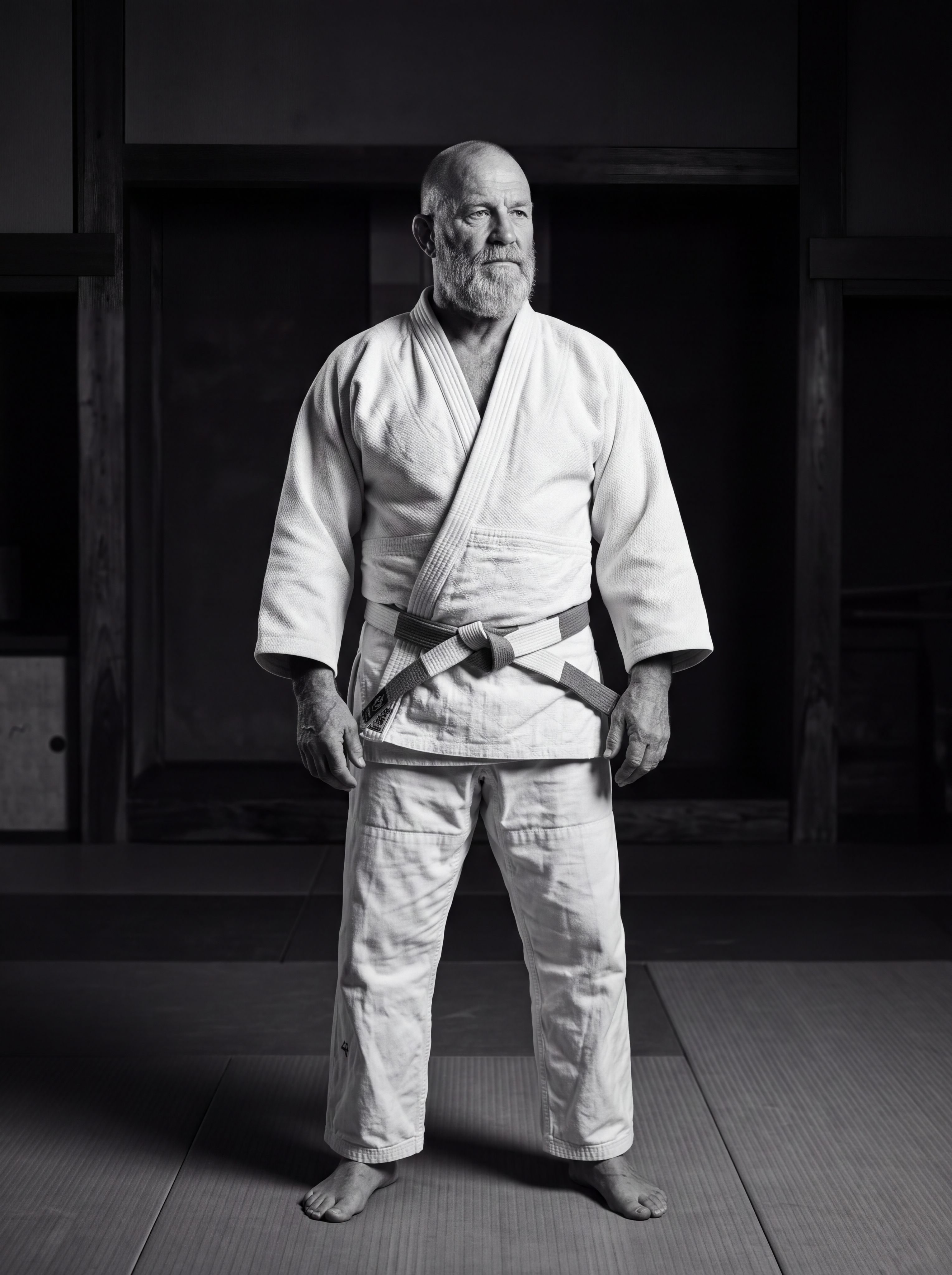 Black and white portrait of a judo master in a white gi