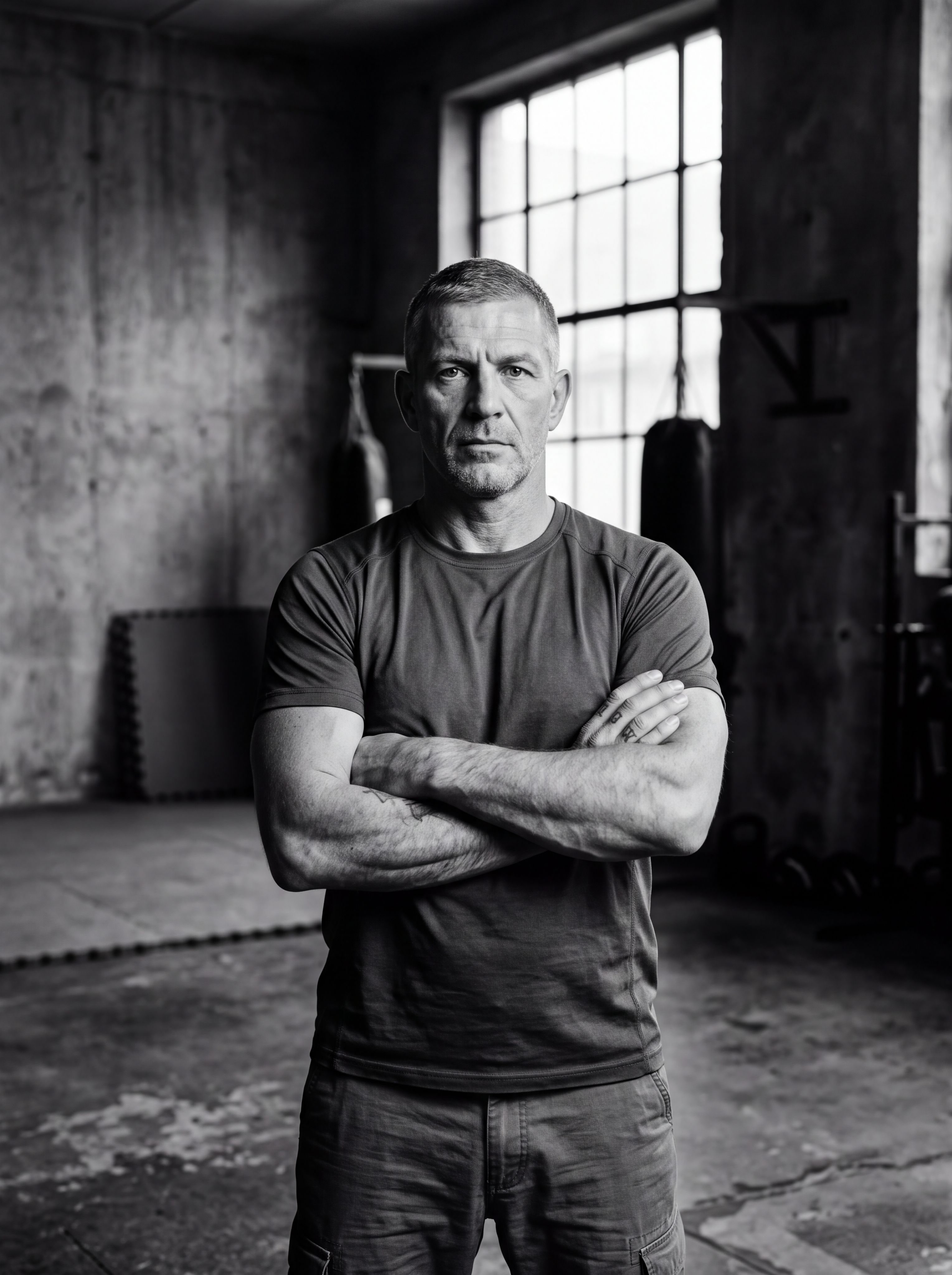 Black and white portrait of a krav maga and self-defence expert