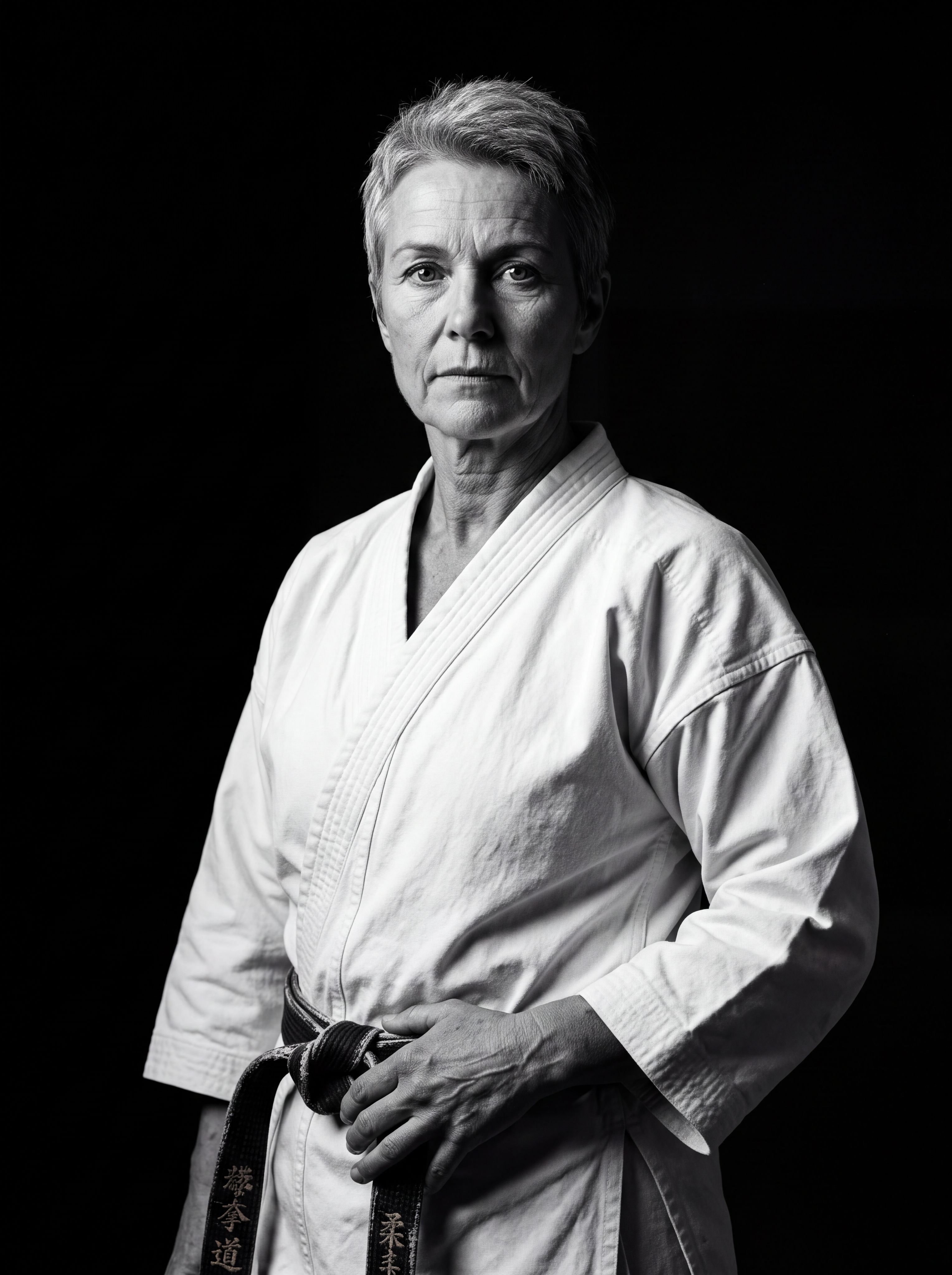 Black and white portrait of a karate master, calm gaze, chiaroscuro light