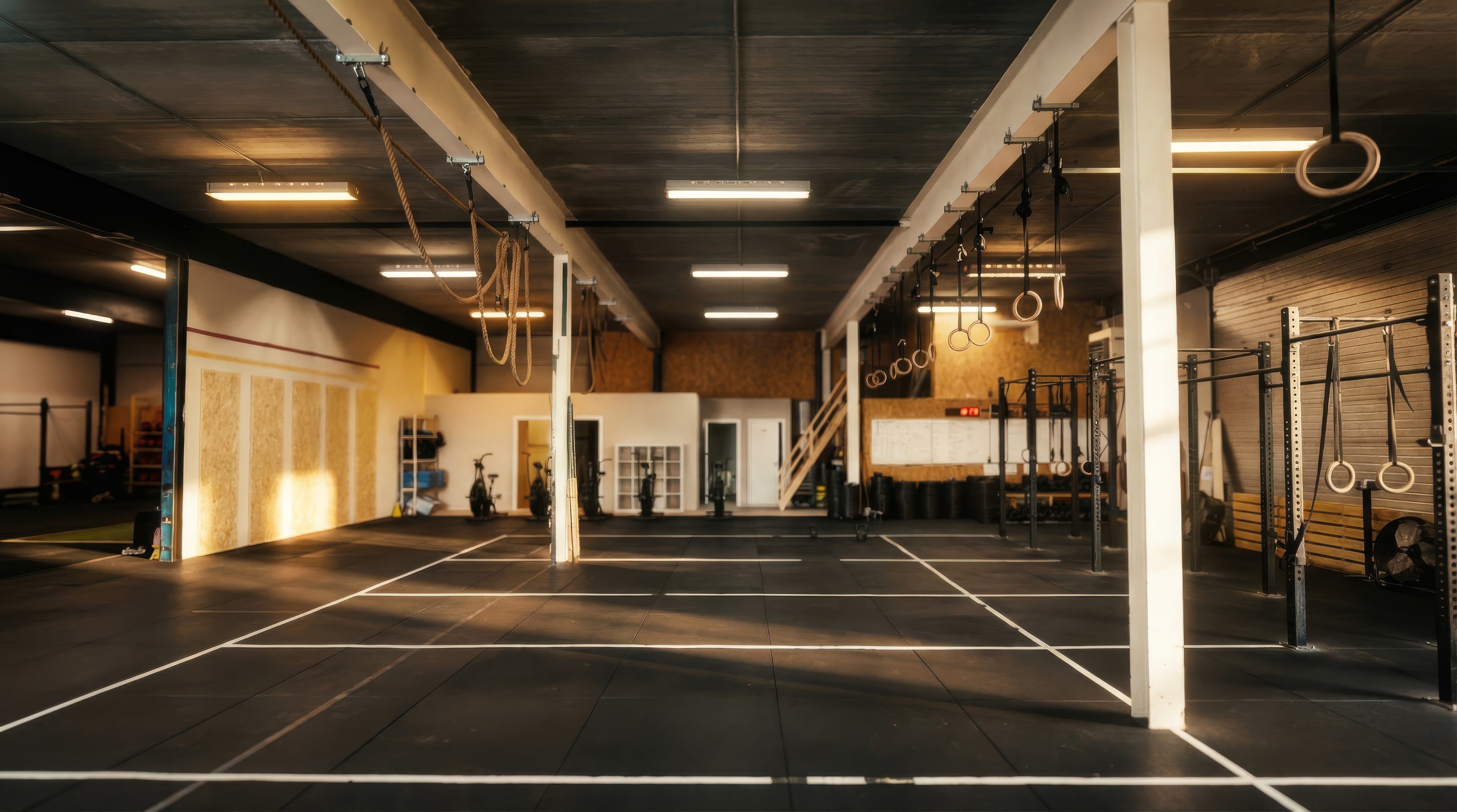 The main hall of Athletic Fitness Concept in Ittre, black floor and morning light
